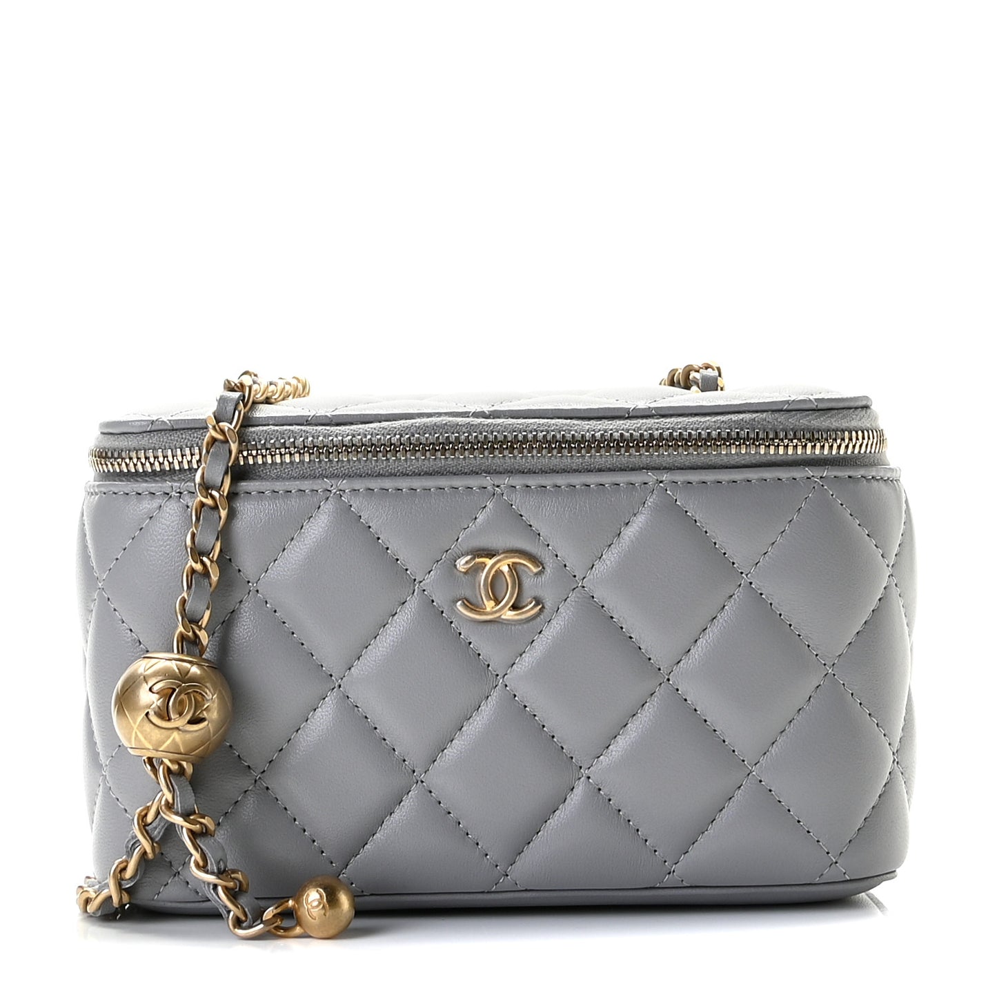 Lambskin Quilted Small Pearl Crush Vanity Case With Chain Grey