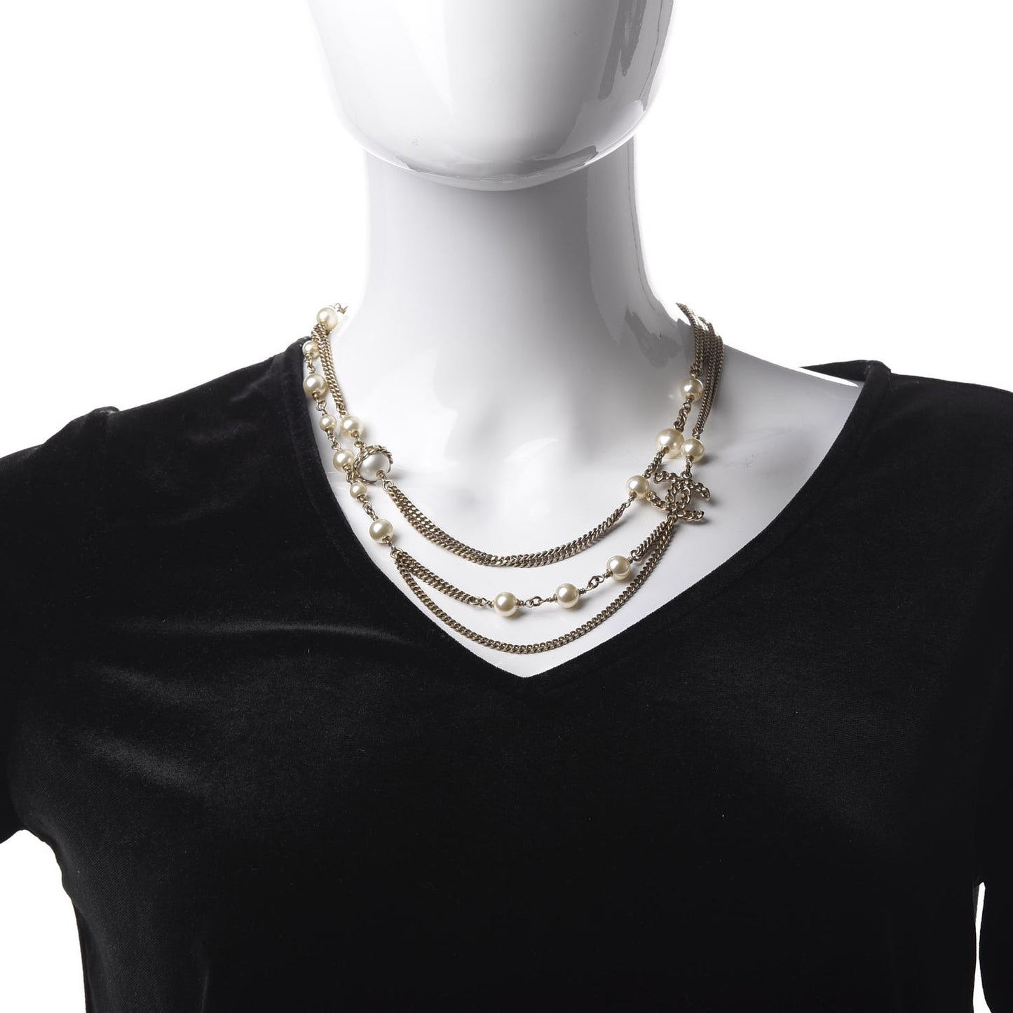 Pearl Chain CC Multi Strand Necklace Gold