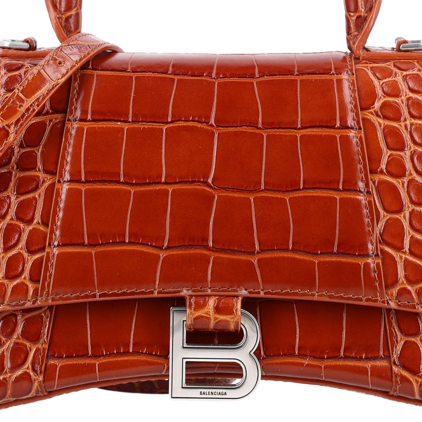 Shiny Calfskin Crocodile Embossed Small Hourglass Top Handle Bag Camel