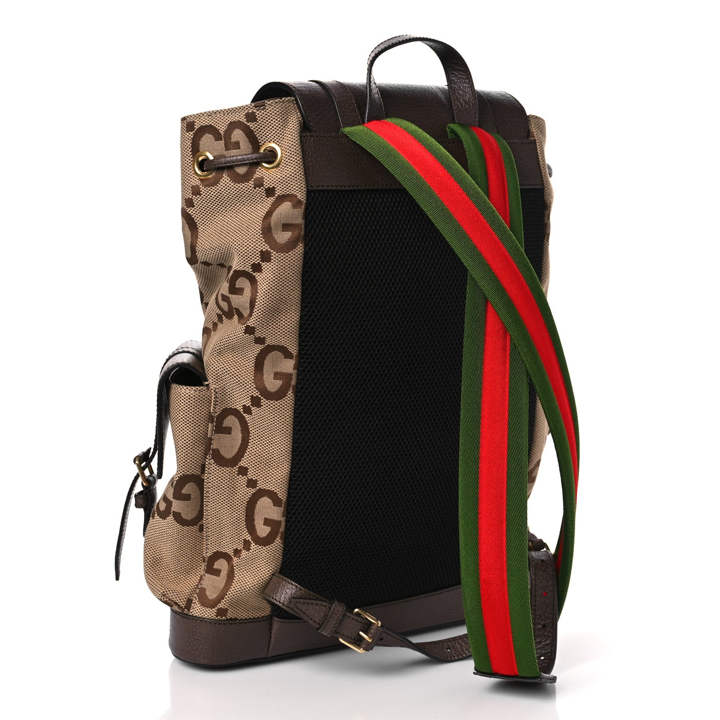 Monogram Jumbo GG Textured Dollar Calfskin Web Double Buckle Backpack Camel Ebony New Acero