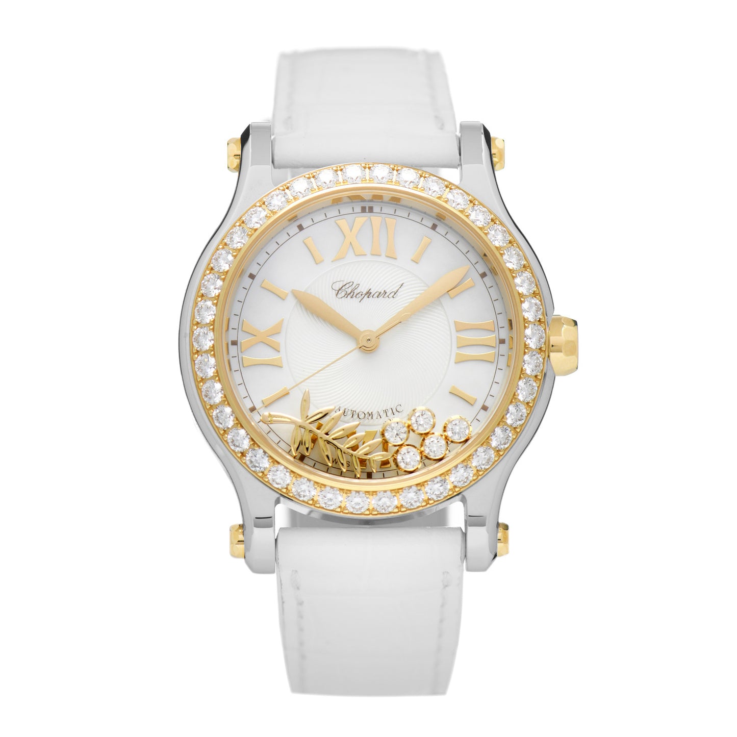 Stainless Steel 18K Yellow Gold Alligator Diamond Bezel 36mm Happy Sport Cannes Palm Automatic Watch