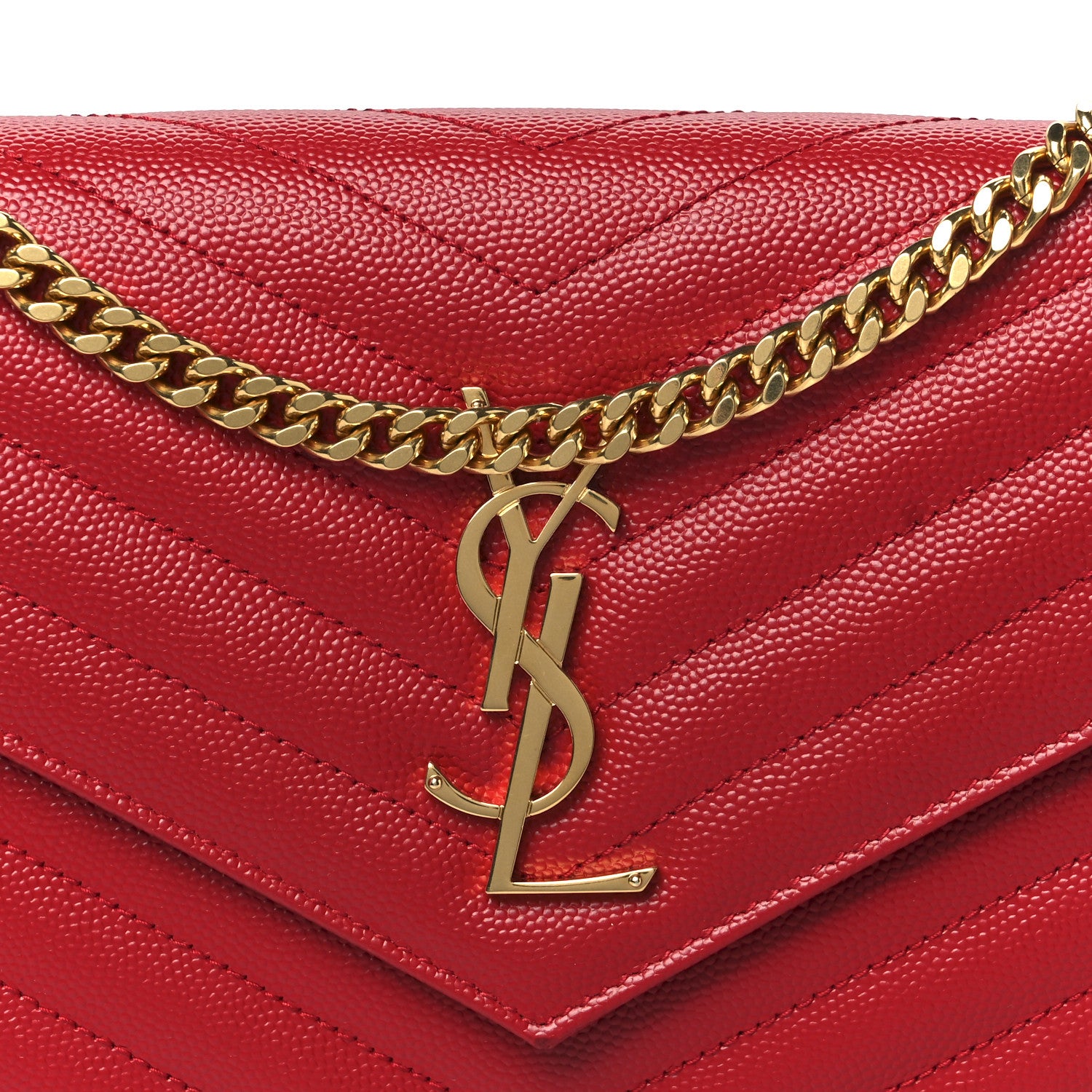 Saint Laurent Grain De Poudre Matelasse Chevron Monogram Chain Wallet Rouge Eros 7 of 10