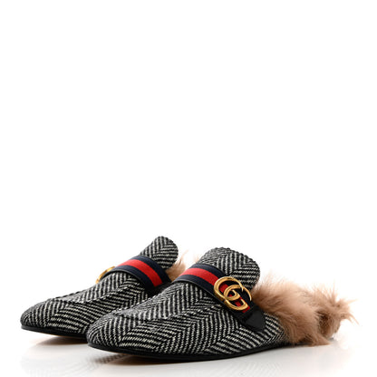 Gucci Herringbone Fur Web GG Mens Princetown Slippers 10 Black White 3 of 12