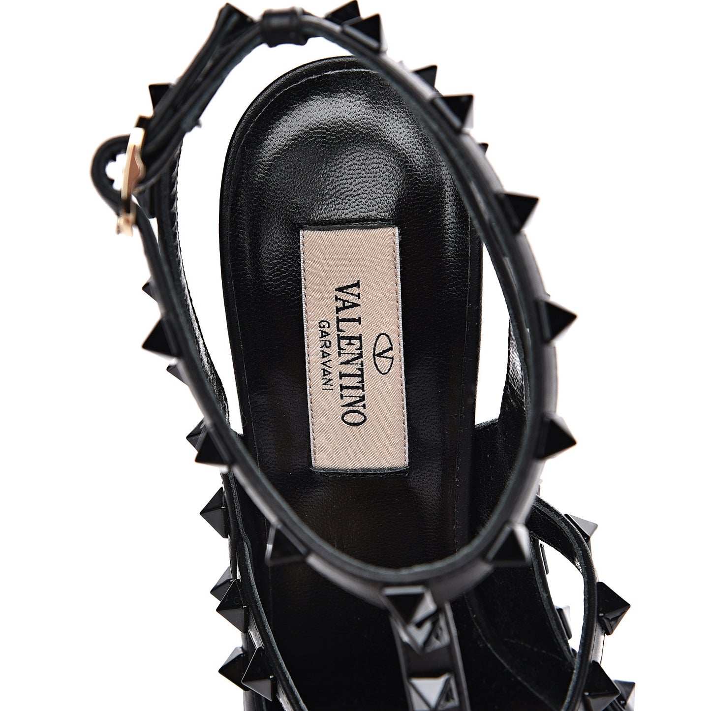 Calfskin Lacquered Monochrome Rockstud Ankle Strap 100mm Pumps 37.5 Black