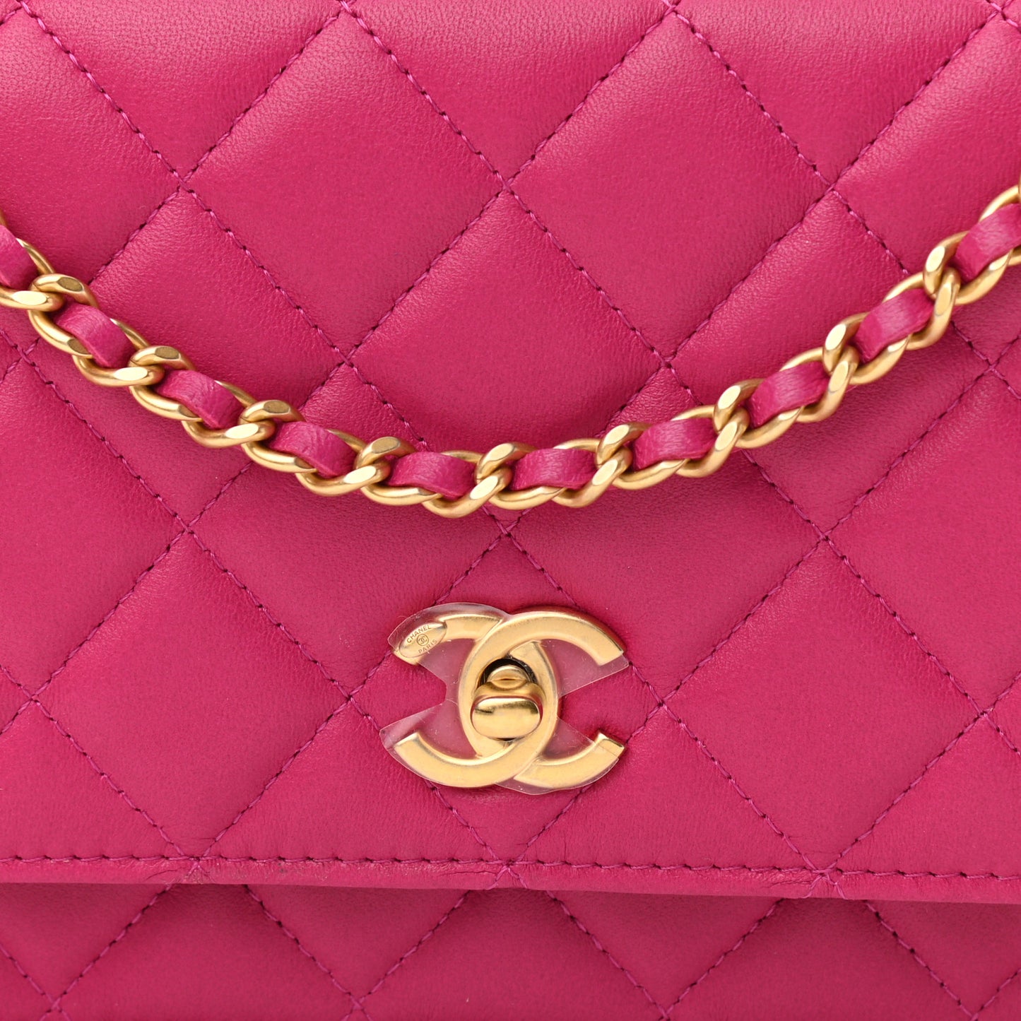 Lambskin Quilted CC Pearl Crush Wallet on Chain WOC Dark Pink