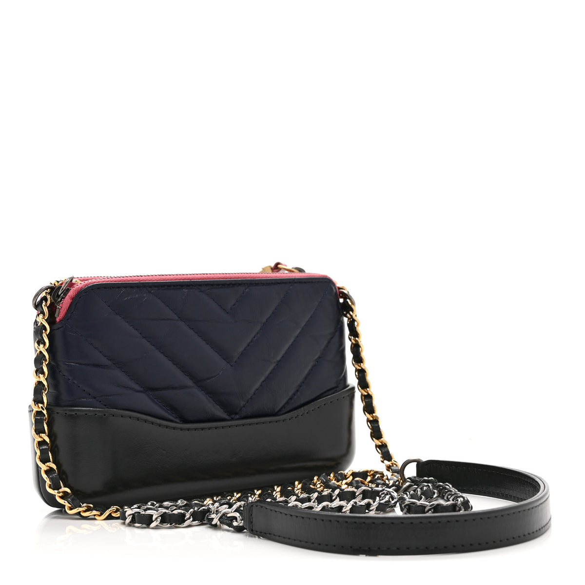 Aged Calfskin Chevron Quilted Small Gabrielle Clutch With Chain  Navy Black Pink