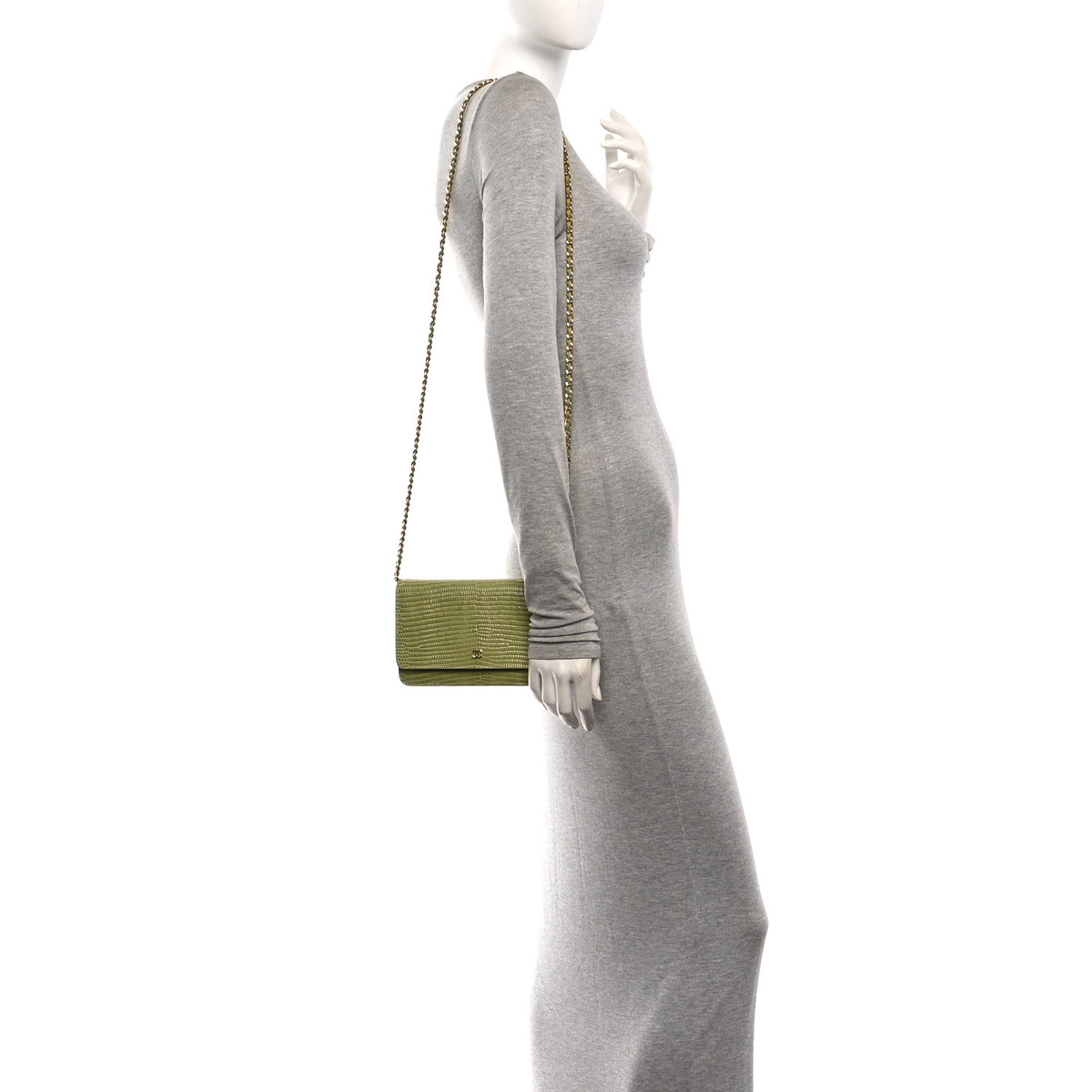 Chanel Calfskin Lizard Embossed Wallet On Chain WOC Green 2 of 12