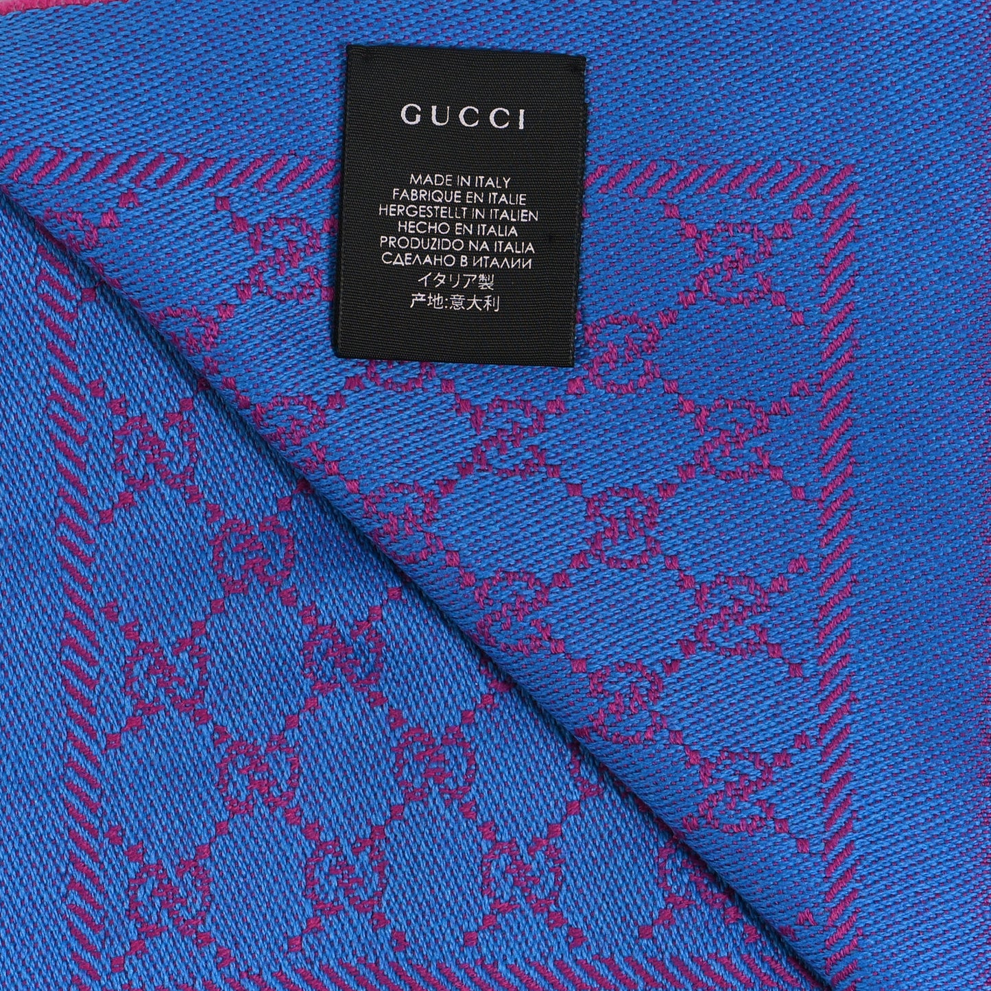 Wool GG Monogram Reversible New Sten Fringe Scarf Fuxia Sky Blue