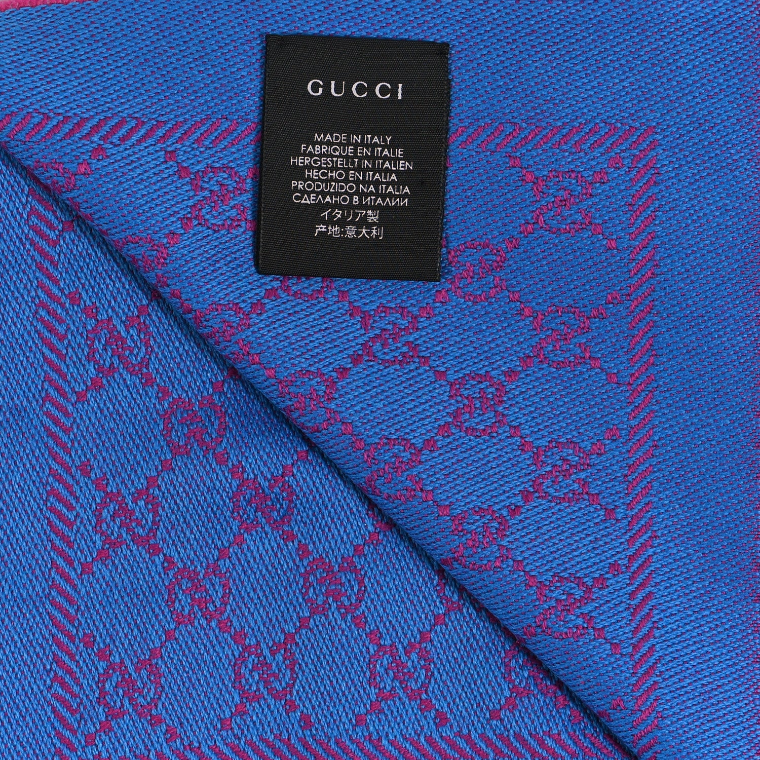 Gucci Wool GG Monogram Reversible New Sten Fringe Scarf Fuxia Sky Blue 3 of 3