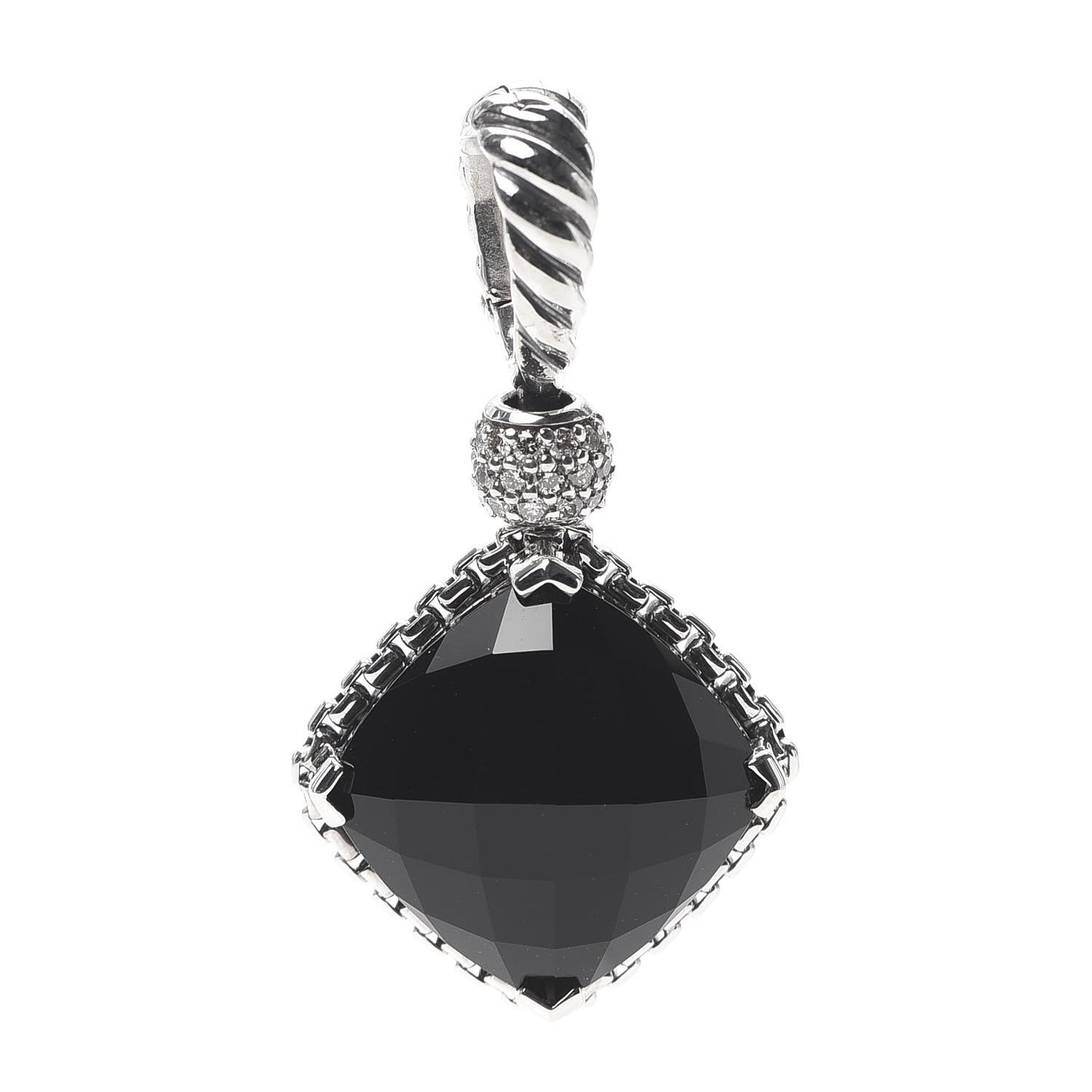Sterling Silver Diamond Black Onyx 14mm Cushion On Point Pendant