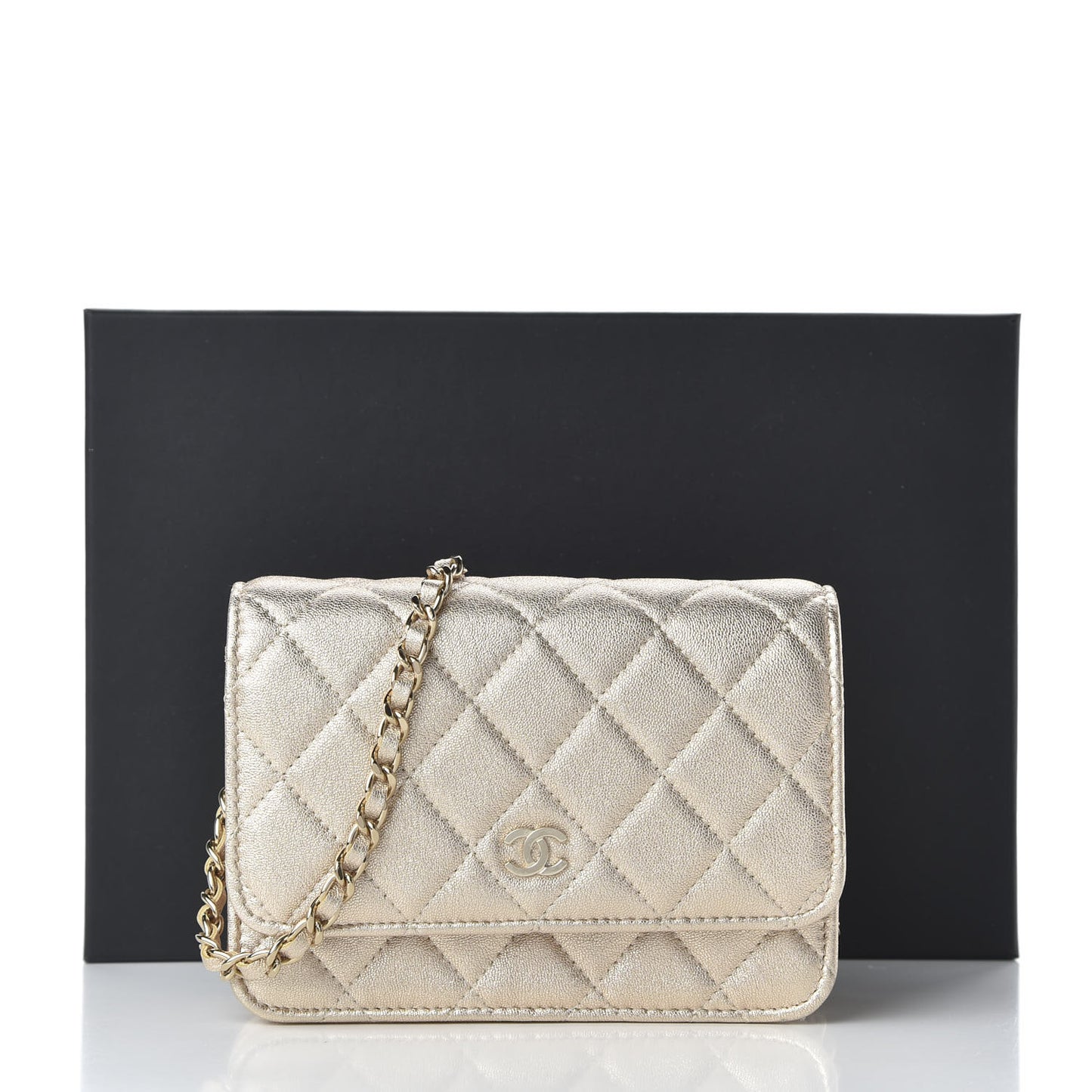 Metallic Lambskin Quilted Mini Wallet On Chain WOC Gold