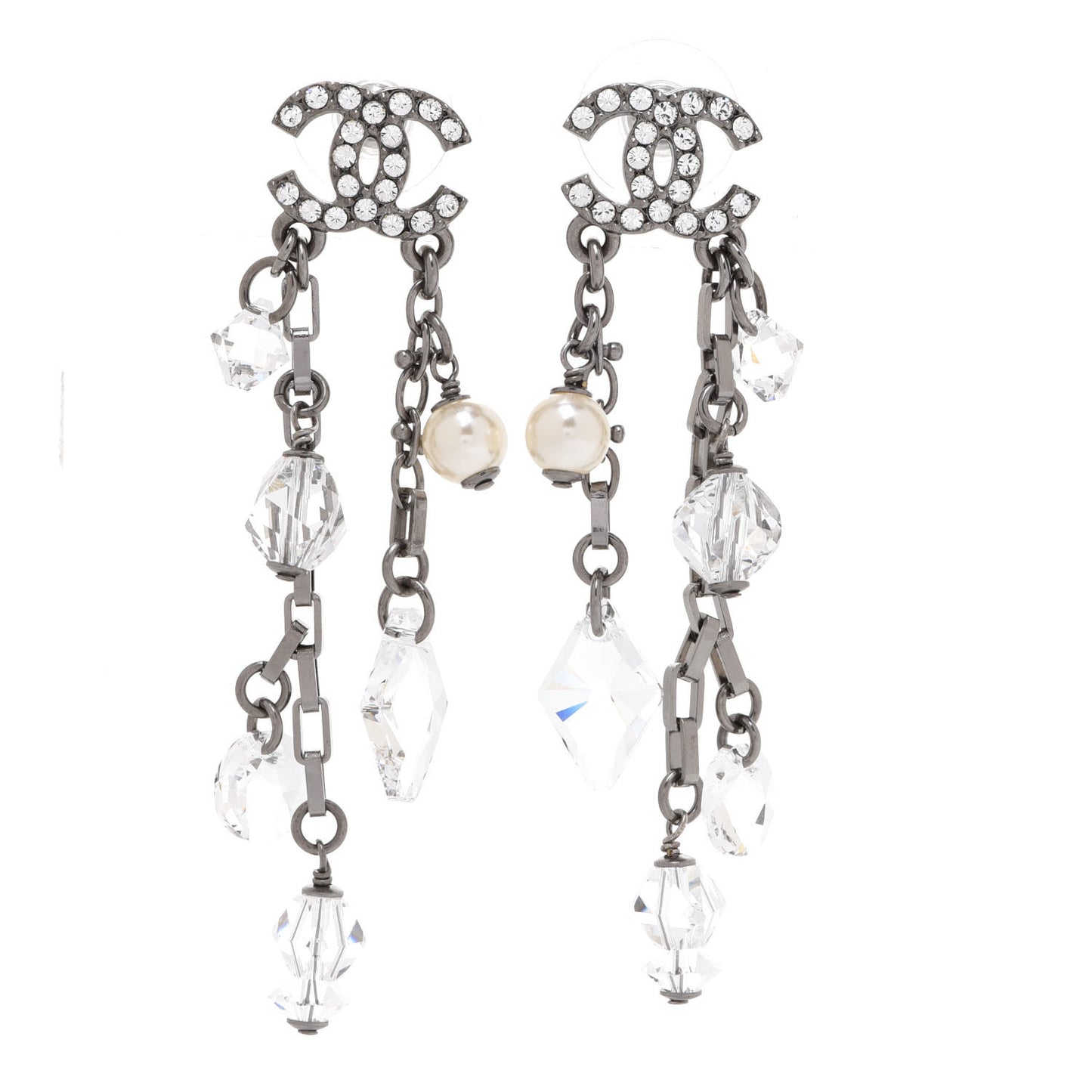 Glass Pearl Strass Crystal CC Chain Drop Earrings Silver