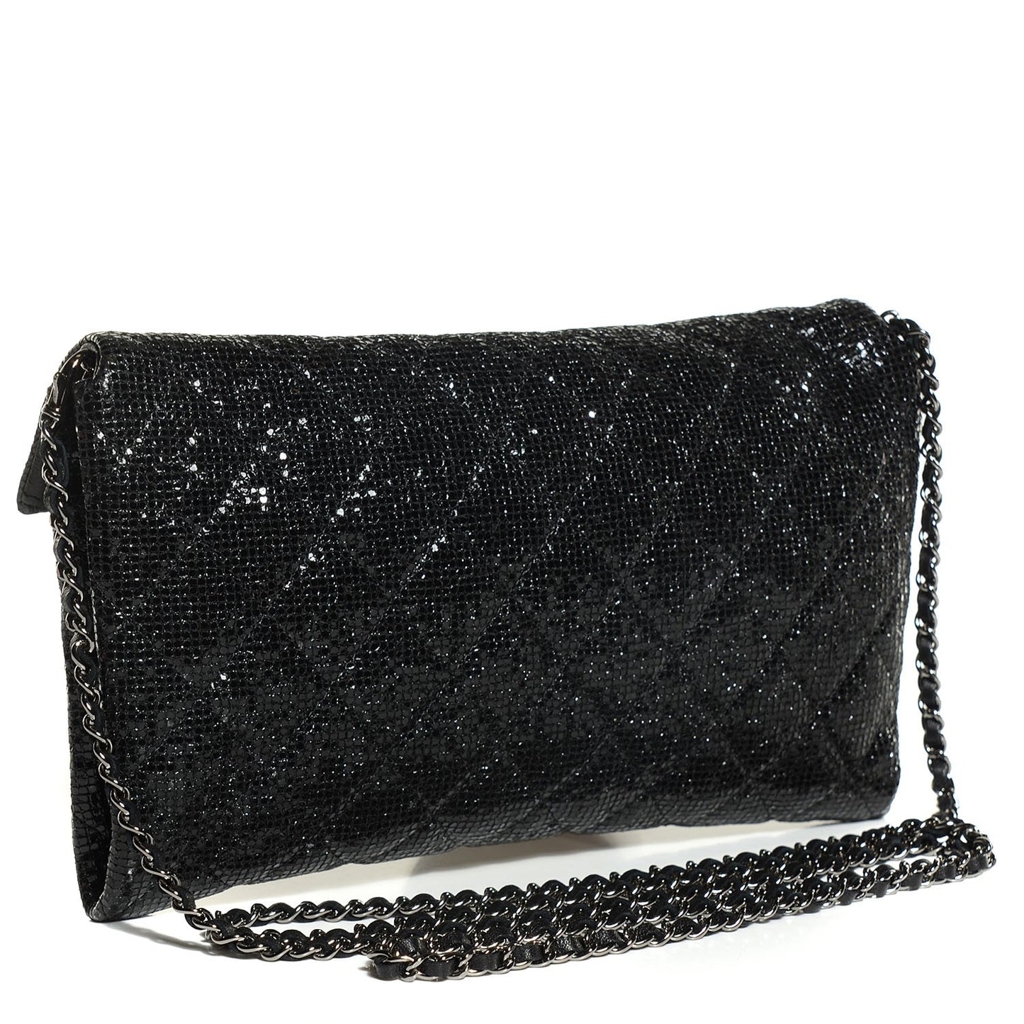 Iridescent Quilted Chain Clutch Black