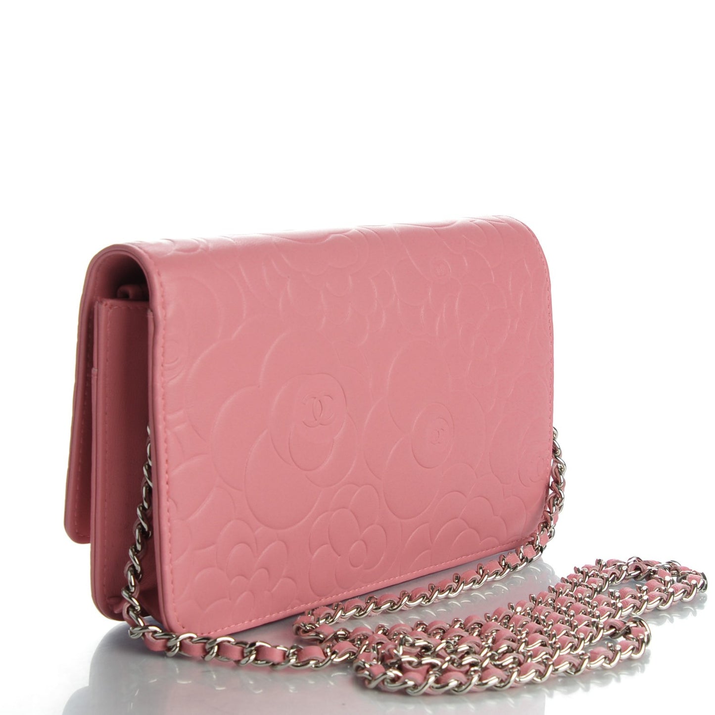 Lambskin Camellia Embossed Wallet on Chain WOC Pink