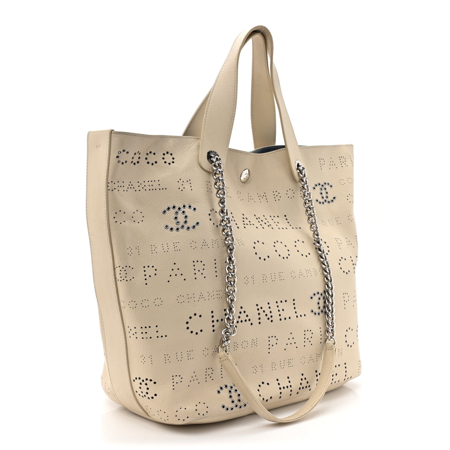 Calfskin Tweed Small Logo Eyelets Shopping Tote Beige