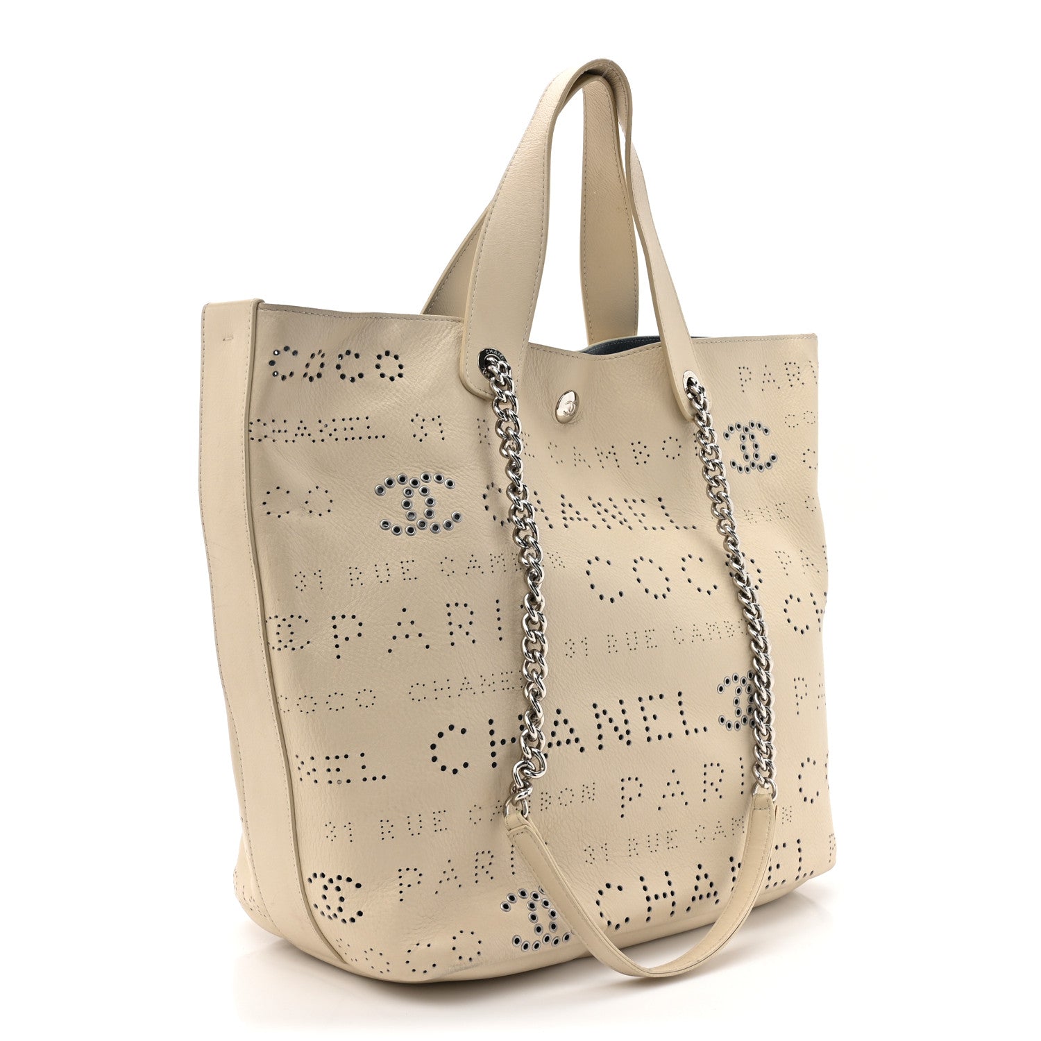 Chanel Calfskin Tweed Small Logo Eyelets Shopping Tote Beige 4 of 15