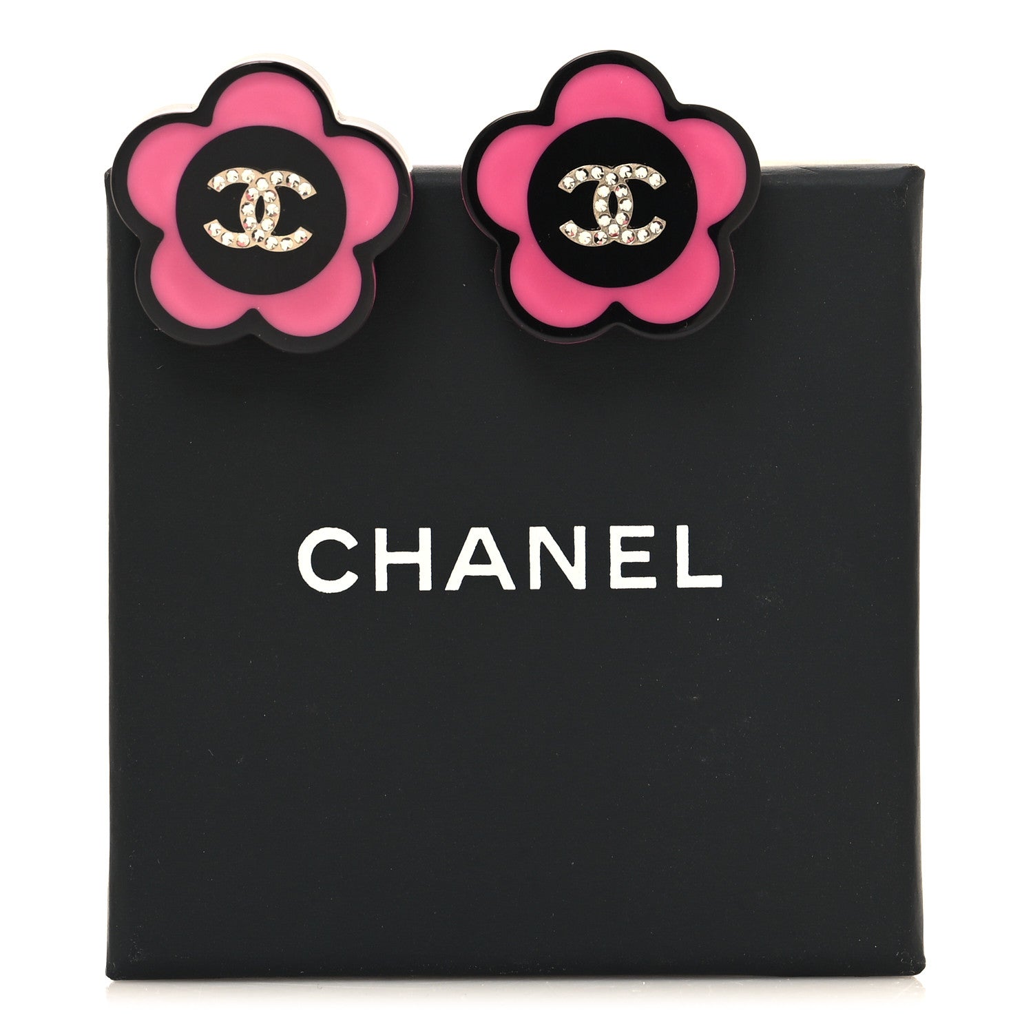 Chanel Resin Crystal CC Camellia Earrings Black Pink 5 of 5