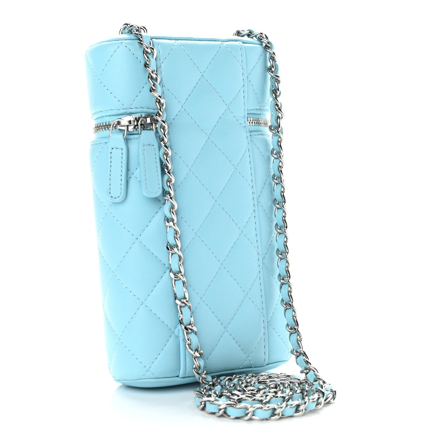 Lambskin Quilted Phone Holder With Chain Neon Blue