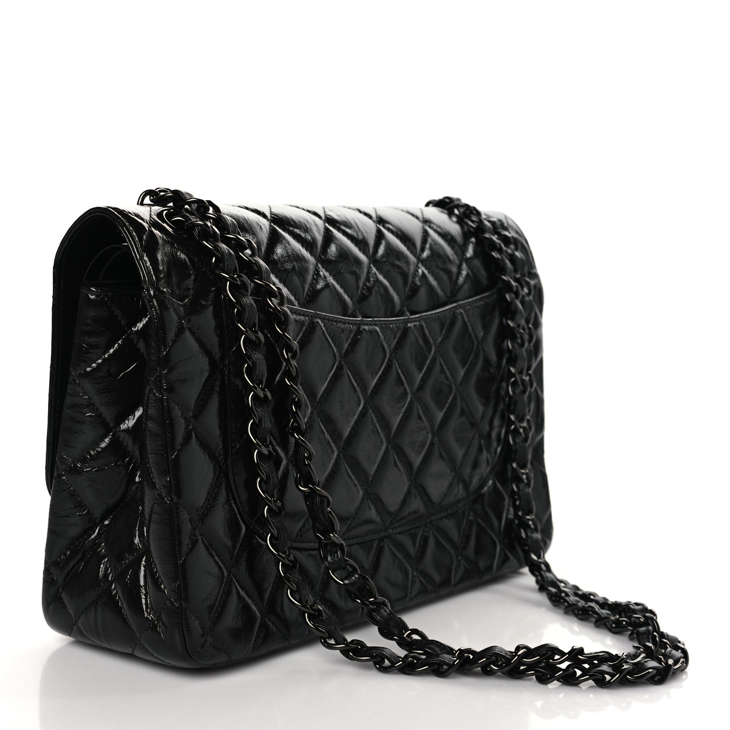 Shiny Distressed Calfskin Quilted Jumbo Double Flap So Black