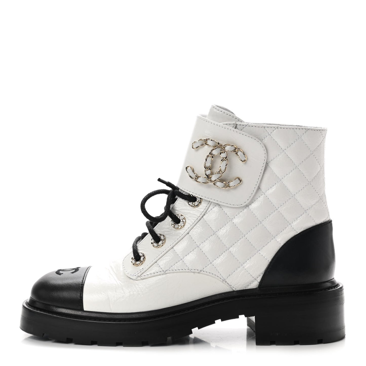 Shiny Goatskin Calfskin Quilted Lace Up Combat Boots 39 White Black