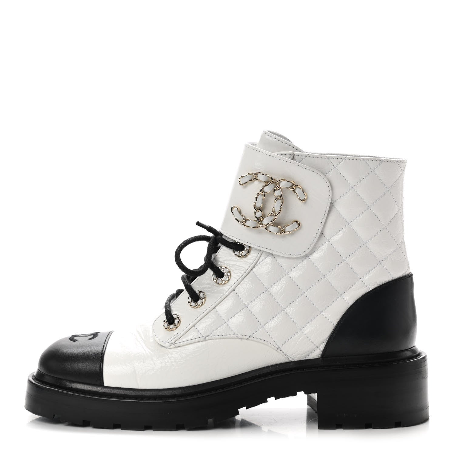 Chanel Shiny Goatskin Calfskin Quilted Lace Up Combat Boots 39 White Black 1 of 9