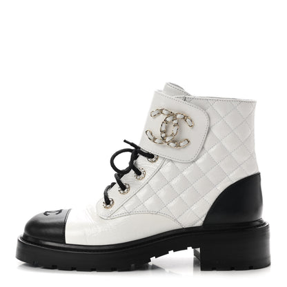 Chanel Shiny Goatskin Calfskin Quilted Lace Up Combat Boots 39 White Black 1 of 9
