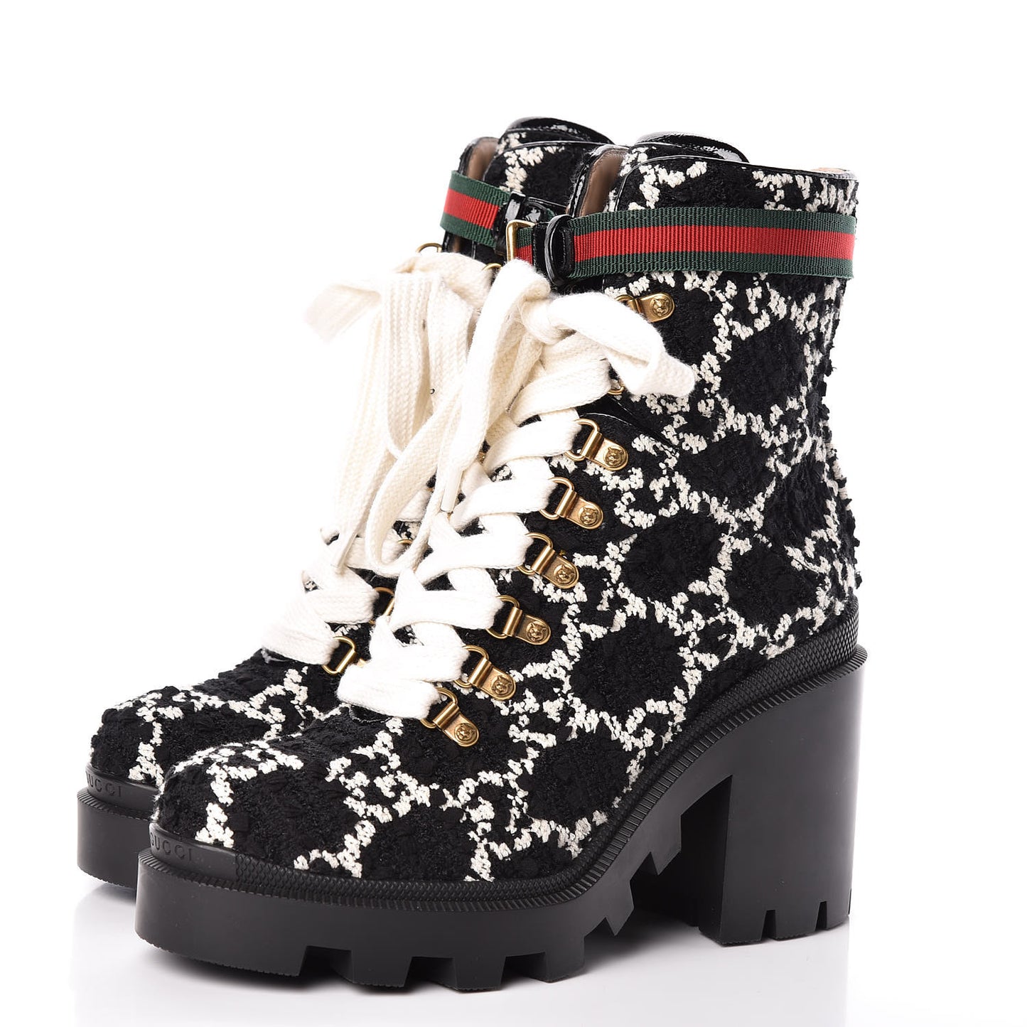 Tweed GG Monogram Lace Up Combat Ankle Boots 39.5 Black