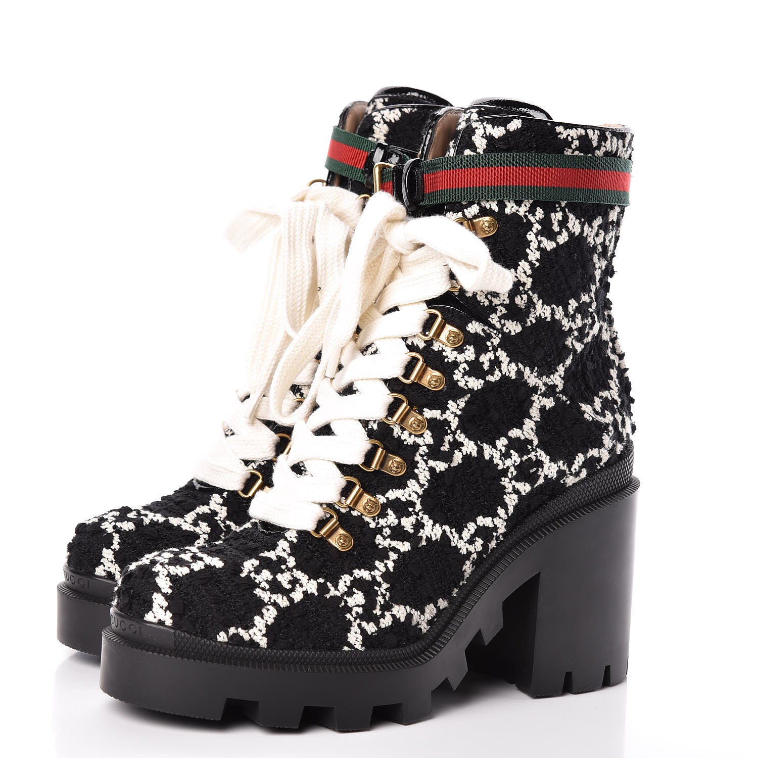 Gucci Tweed GG Monogram Lace Up Combat Ankle Boots 39.5 Black 3 of 9