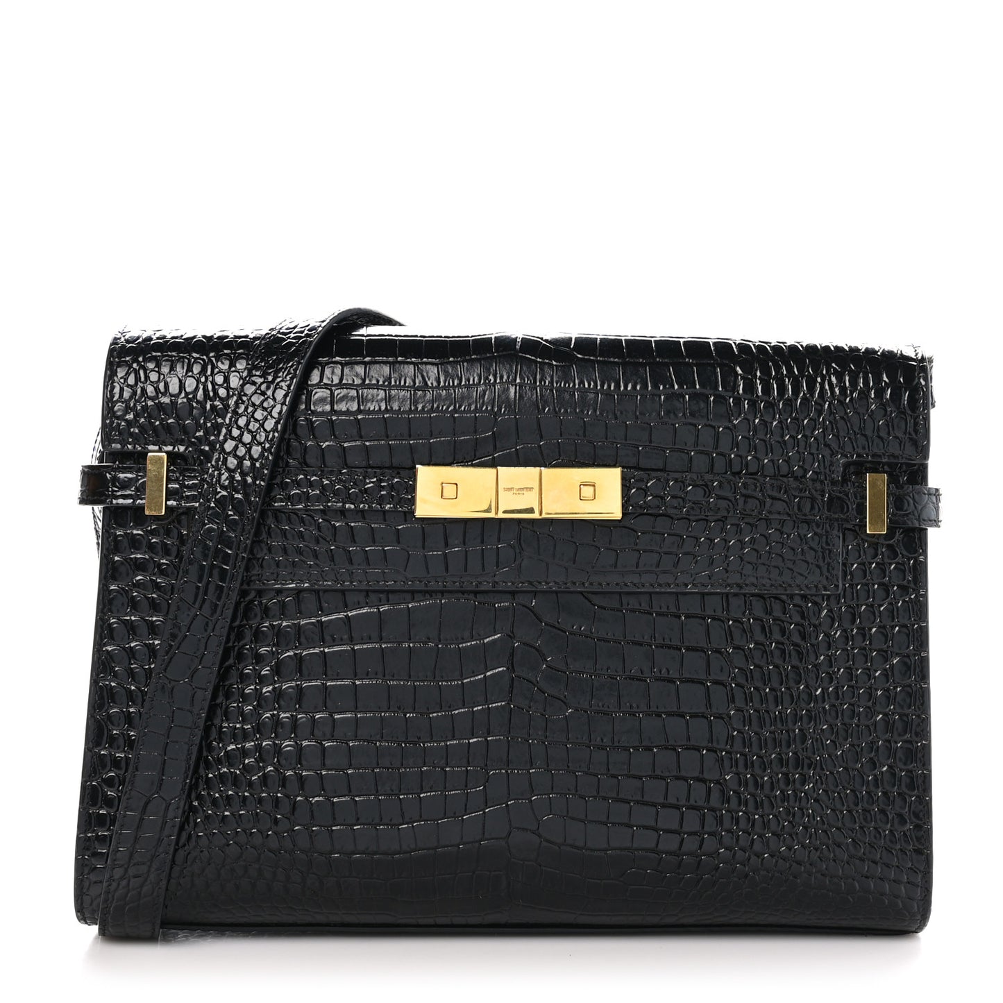 Shiny Calfskin Crocodile Embossed Manhattan Baguette Black