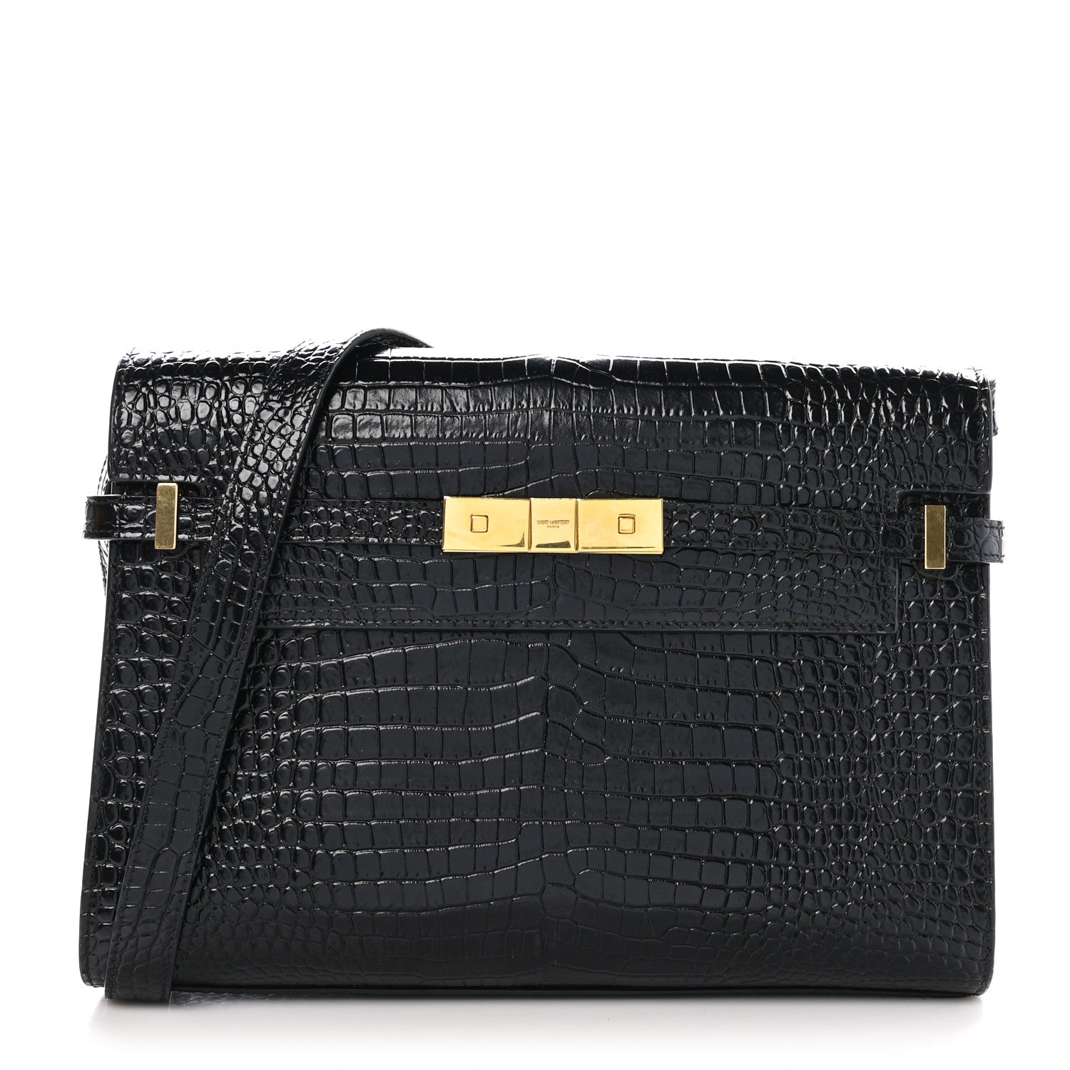 Saint Laurent Shiny Calfskin Crocodile Embossed Manhattan Baguette Black 1 of 10