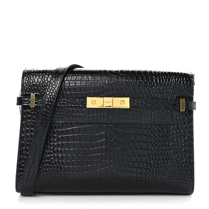 Saint Laurent Shiny Calfskin Crocodile Embossed Manhattan Baguette Black 1 of 10