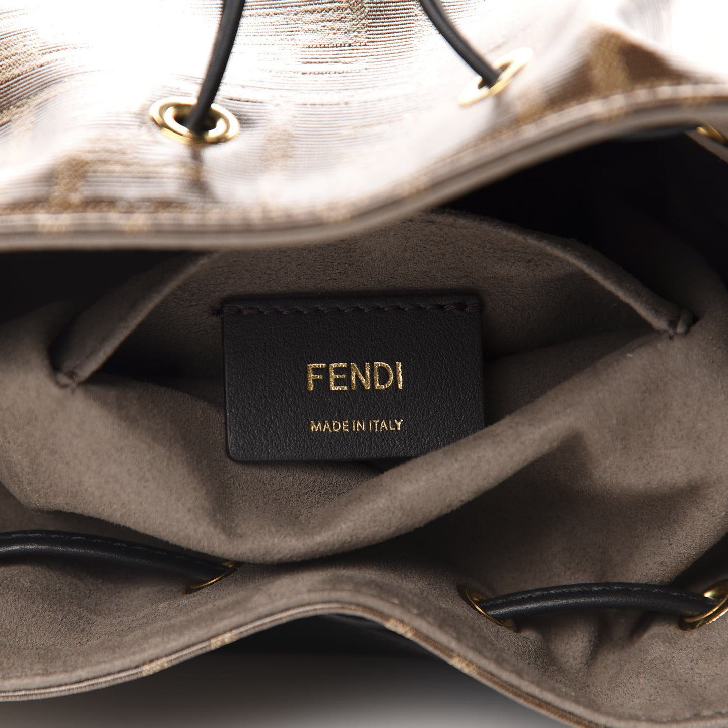 Glazed Fabric Vitello Grace F is Fendi FF 1974 Stamp Patch Grande Mon Tresor Bucket Bag Mogano Panna Black
