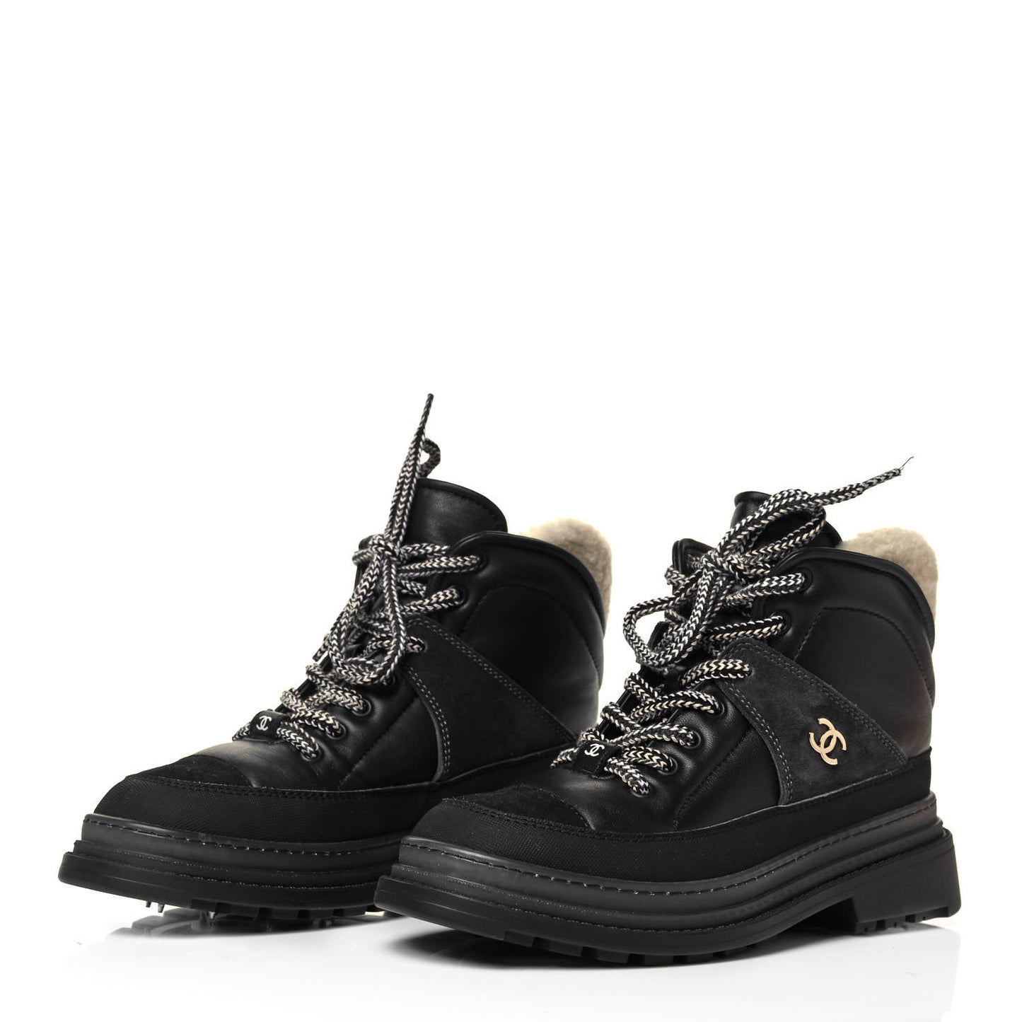 Lambskin Shearling Suede CC High Lace Up Boots 37 Black