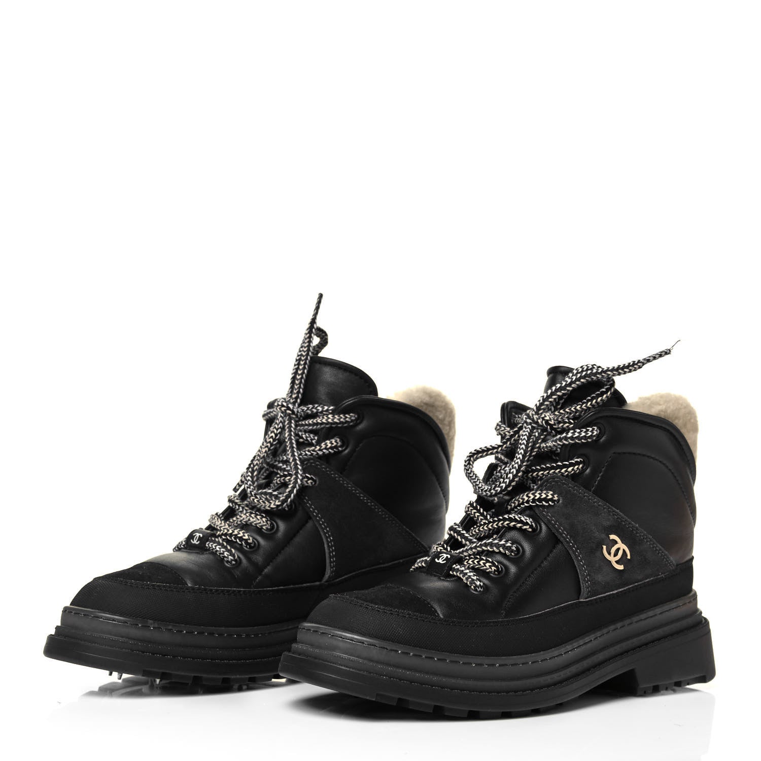 Chanel Lambskin Shearling Suede CC High Lace Up Boots 37 Black 3 of 8
