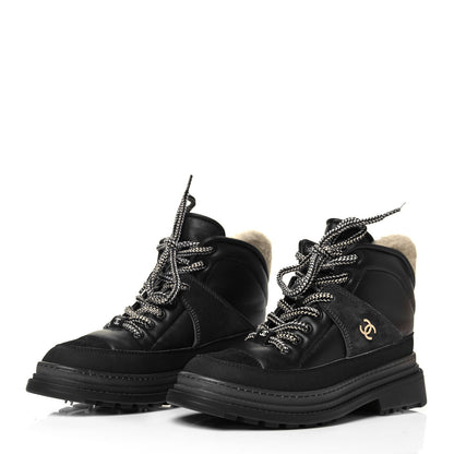 Chanel Lambskin Shearling Suede CC High Lace Up Boots 37 Black 3 of 8