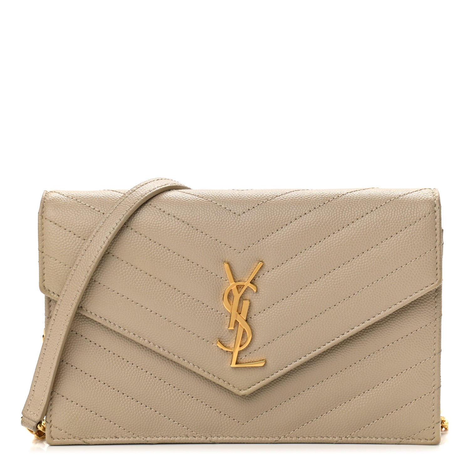 Saint Laurent Grain De Poudre Matelasse Chevron Monogram Envelope Chain Wallet Dark Beige 1 of 11