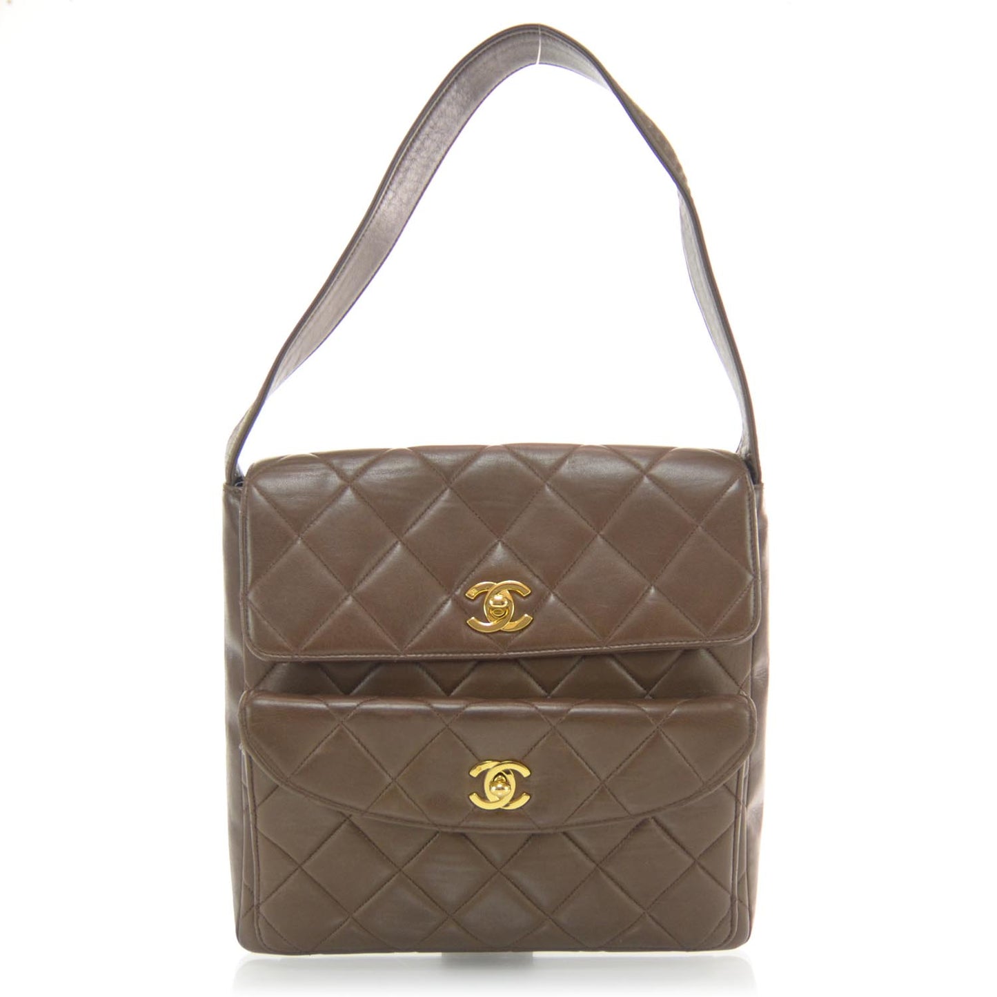 Lambskin Quilted Flap Shoulder Bag Brown