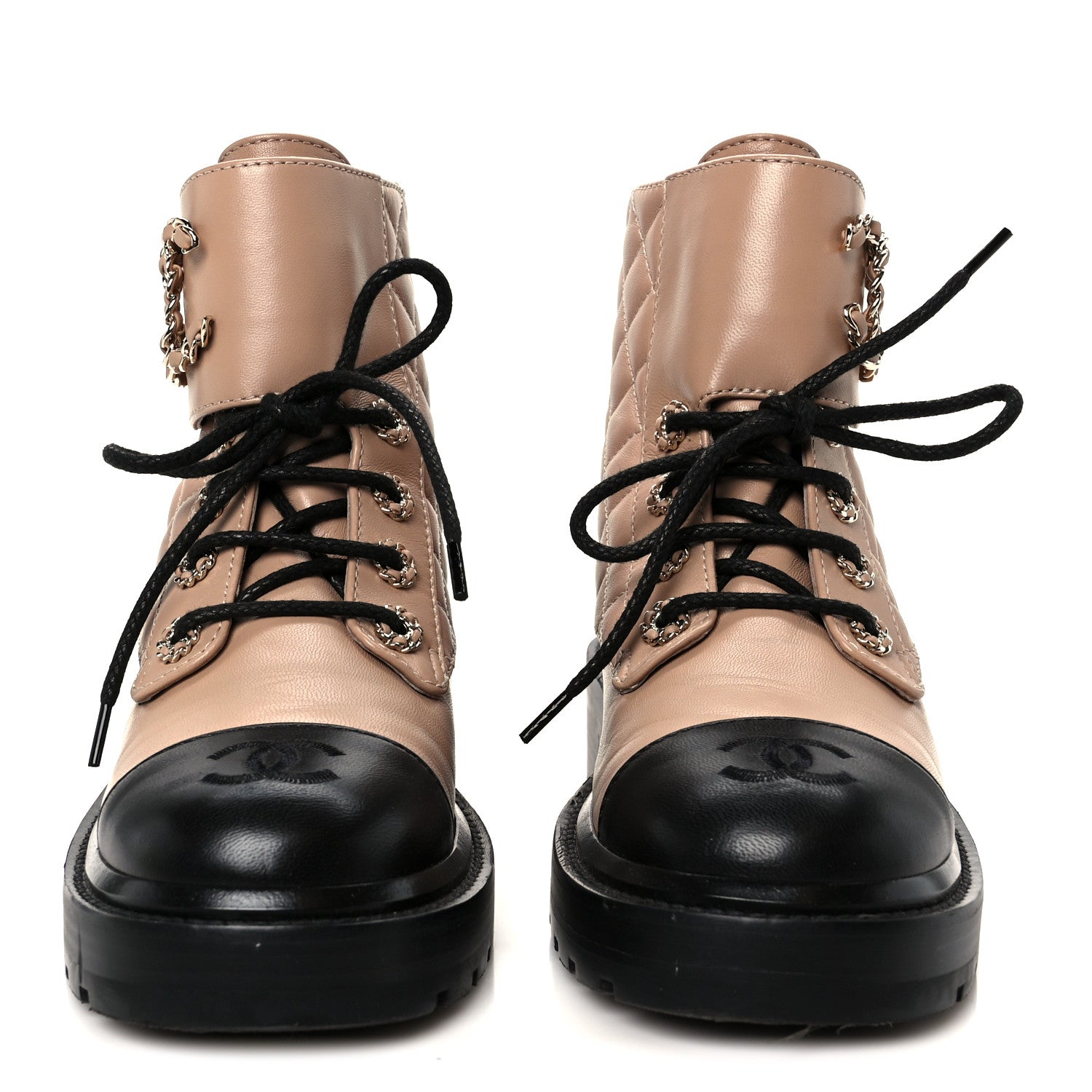 Chanel Shiny Lambskin Quilted Lace Up Combat Boots 36 Beige Black 3 of 12