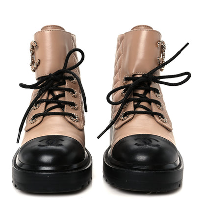 Chanel Shiny Lambskin Quilted Lace Up Combat Boots 36 Beige Black 3 of 12