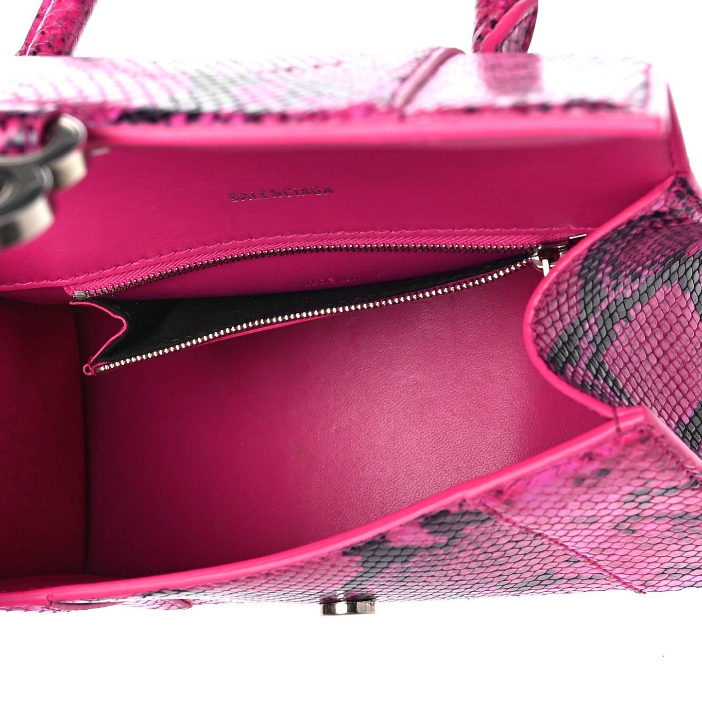 Shiny Calfskin Python Effect Small Hourglass Top Handle Bag Fuchsia Black