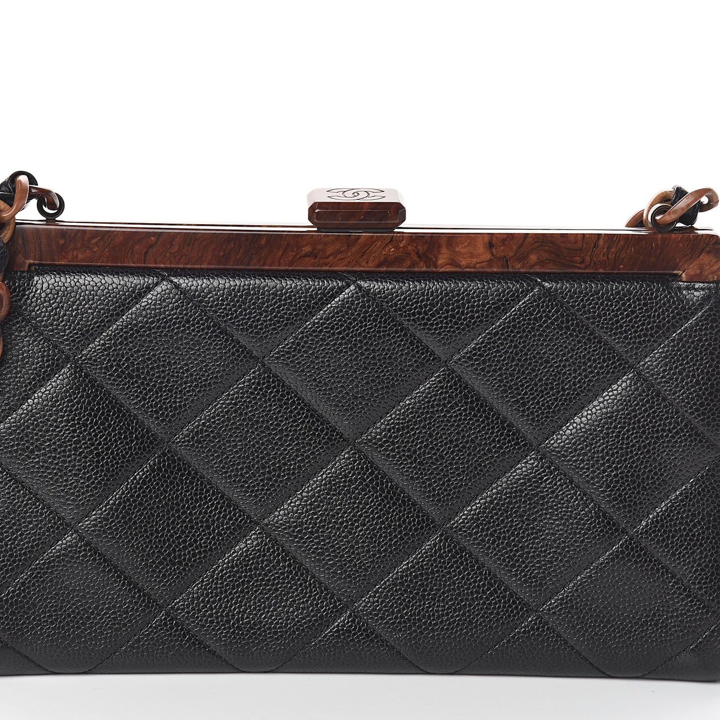 Caviar Quilted Wood Handle Clutch Black