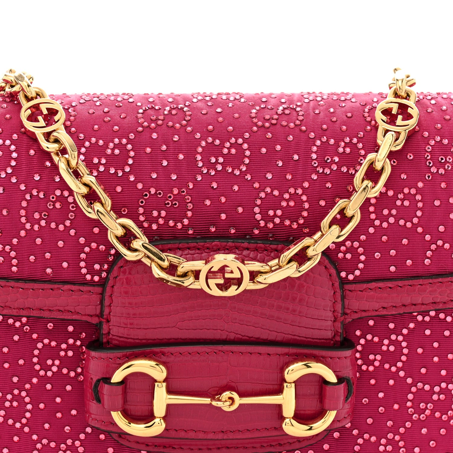 Gucci Canvas Calfskin Crystal GG Monogram Snakeskin Mini Horsebit 1955 Shoulder Bag Pink 8 of 10