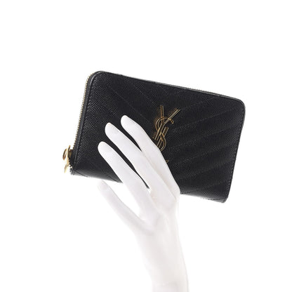 Saint Laurent Grain De Poudre Matelasse Chevron Monogram Zip Around Wallet Black 2 of 8