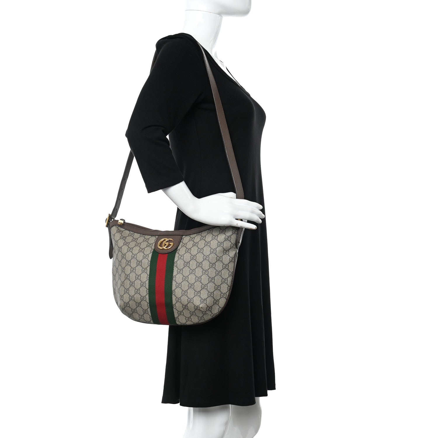 Gucci GG Supreme Monogram Textured Dollar Calfskin Web Small Ophidia Half Moon Hobo Beige Ebony New Acero 2 of 11