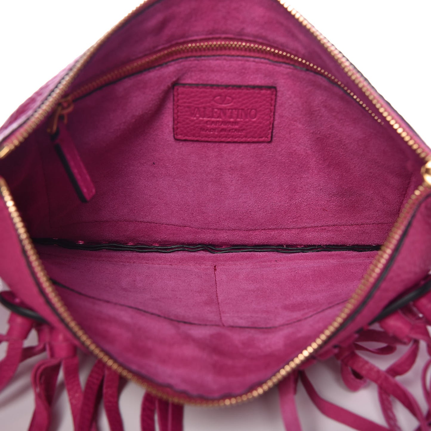 Grained Calfskin Rockee Fringe Clutch Fuxia