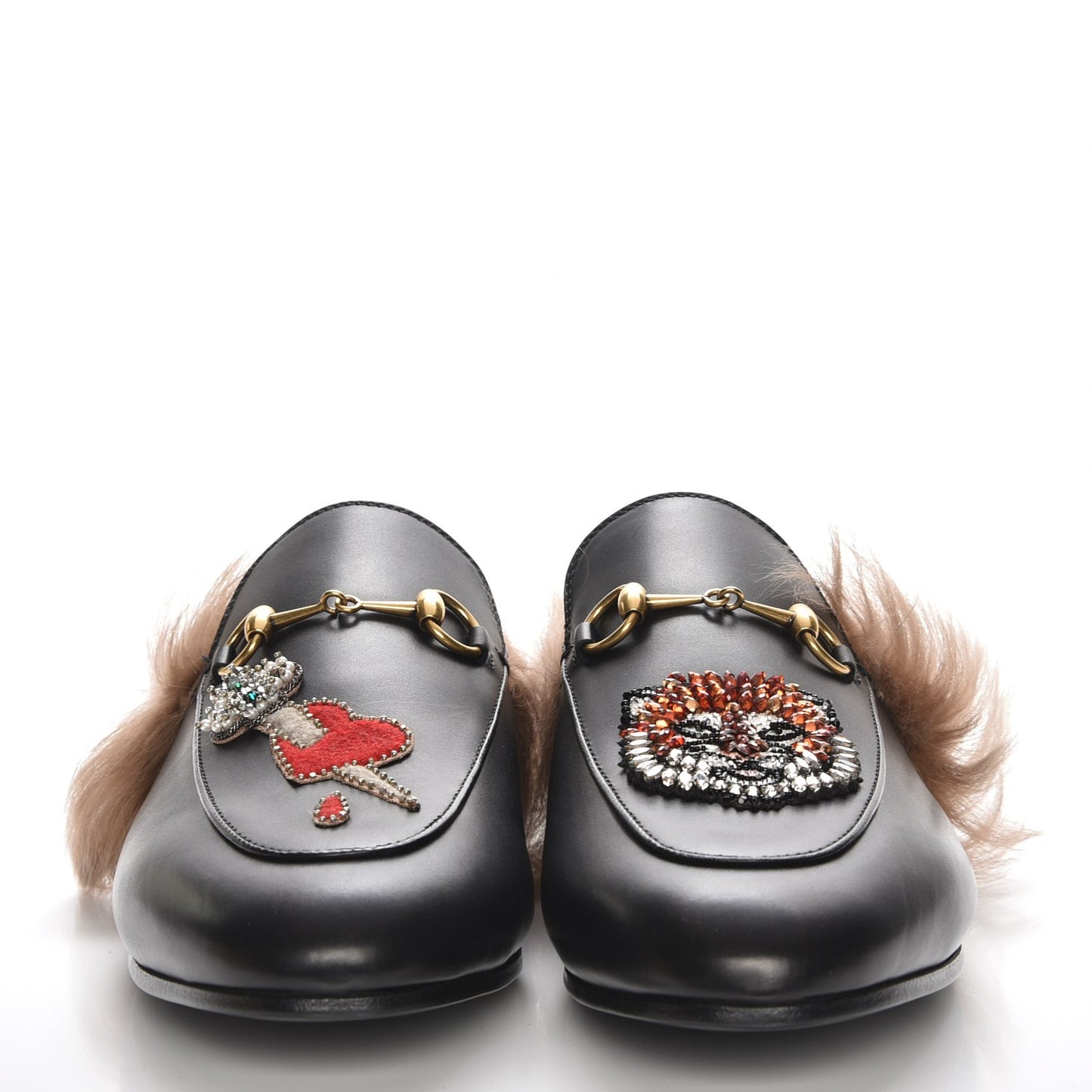 Calfskin Fur Crystal Tiger Embroidered Princetown Slippers 40 Black
