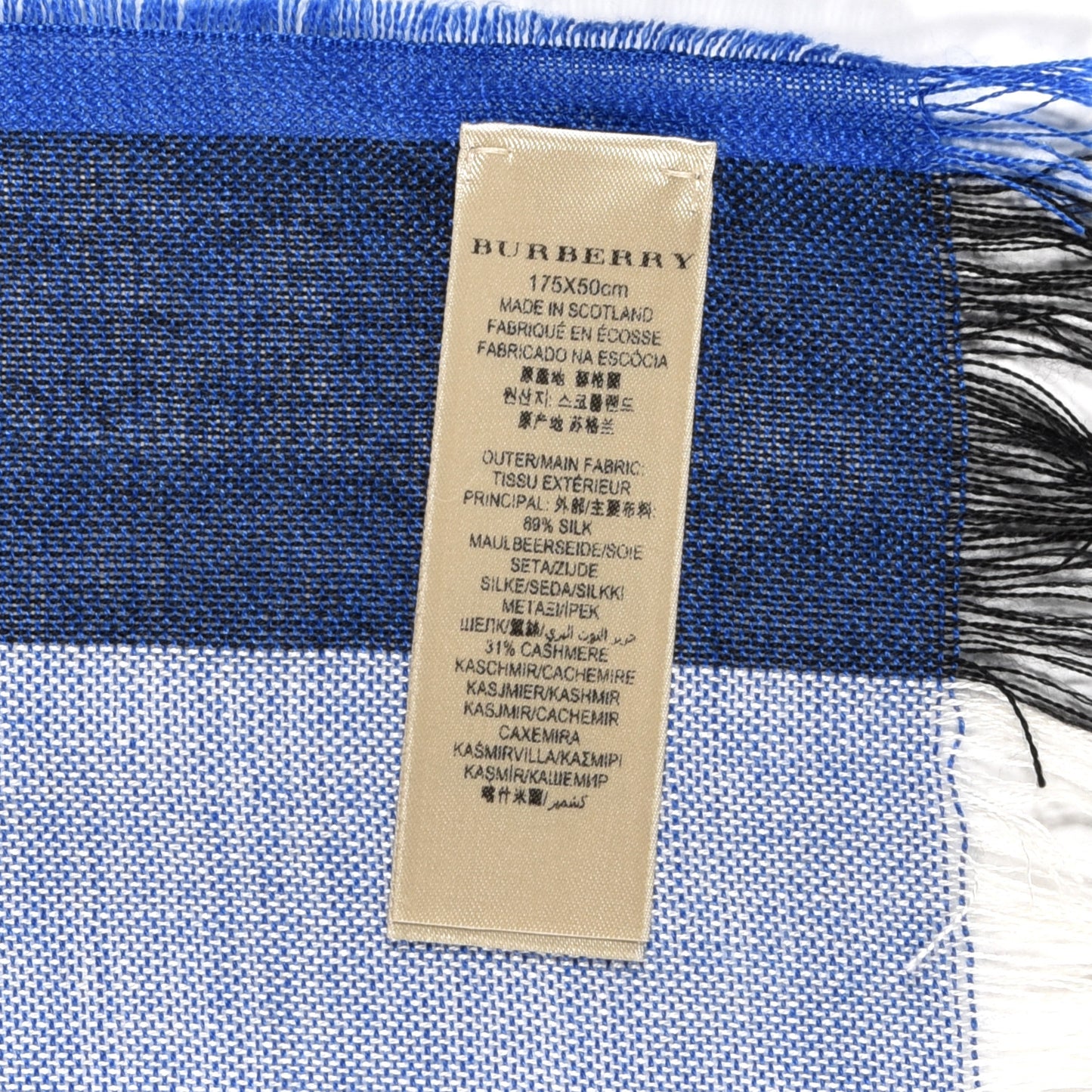 Silk Cashmere Half Mega Check Scarf Cobalt Blue