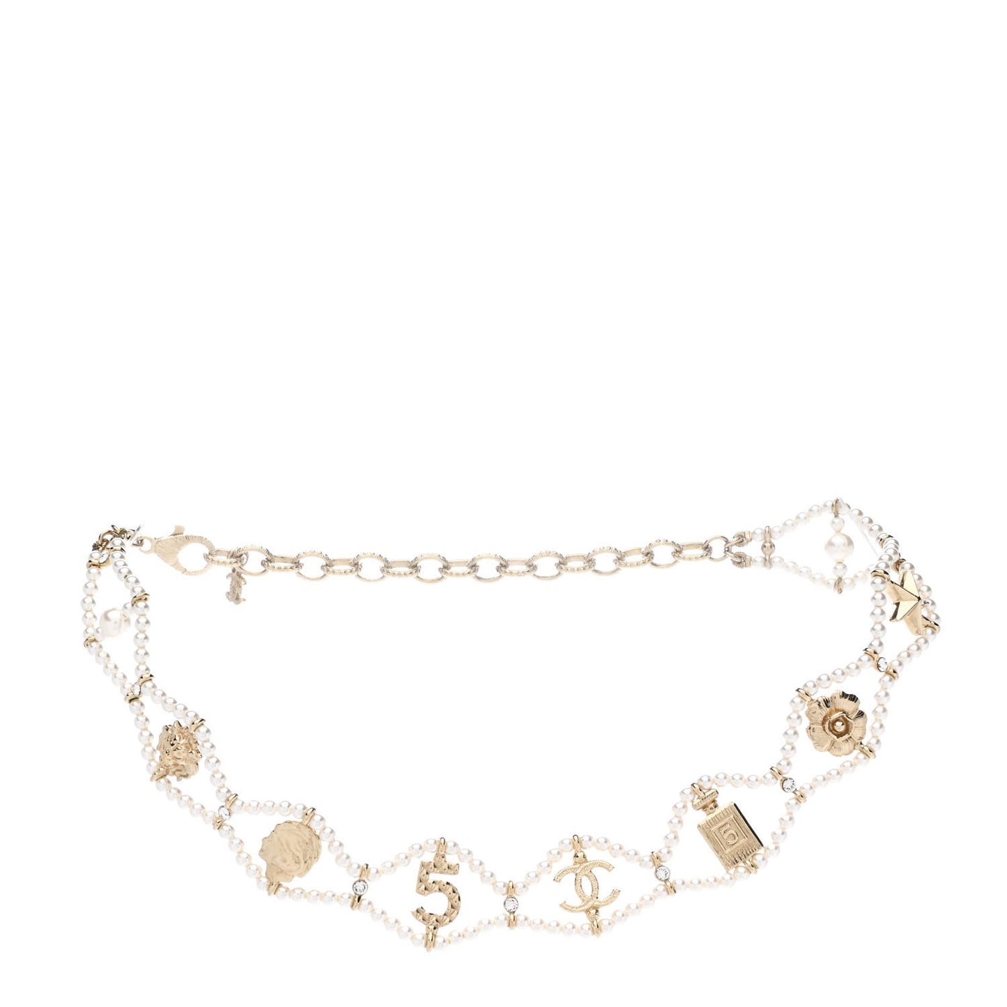 Pearl Crystal CC No 5 Perfume Bottle Choker Necklace Gold