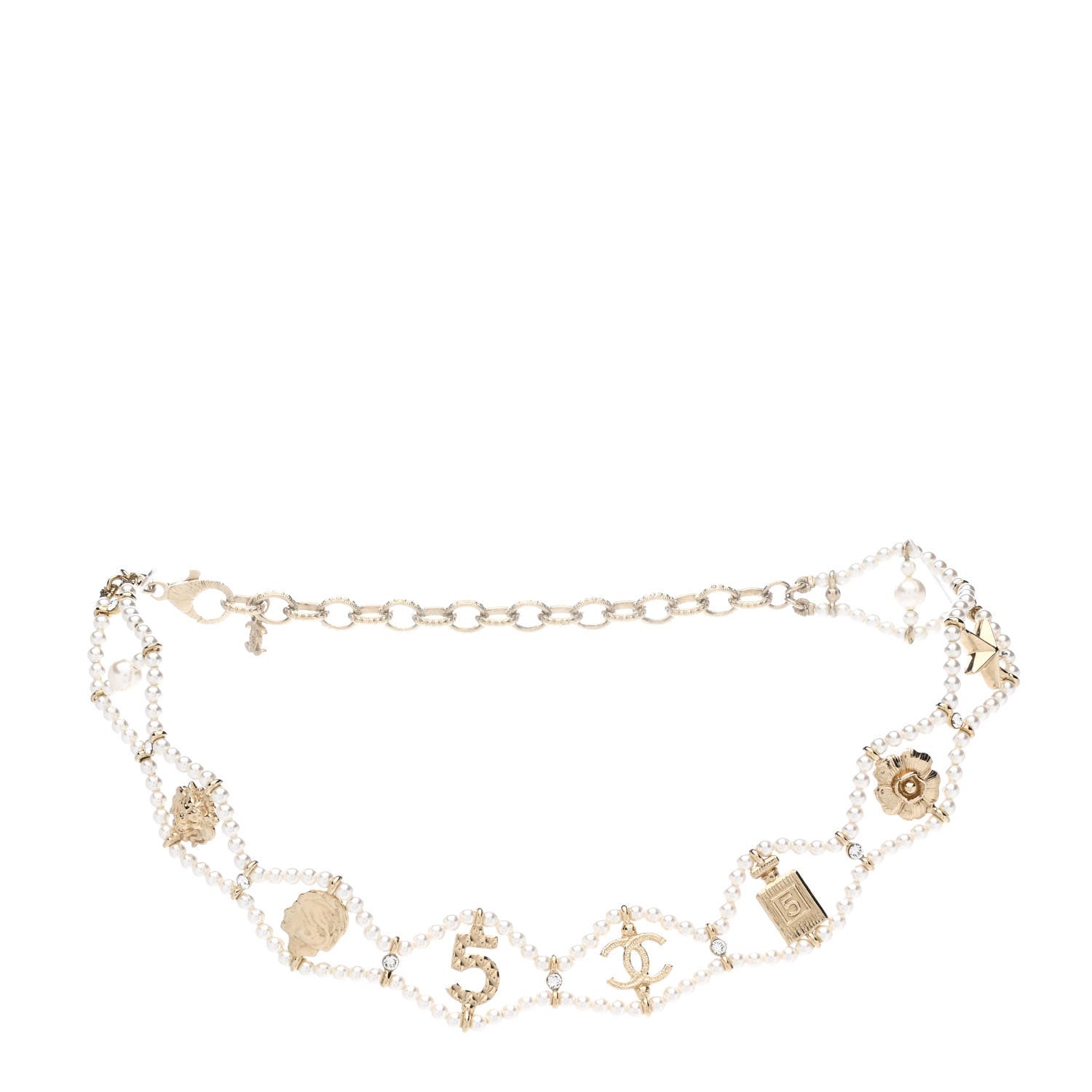 Chanel Pearl Crystal CC No 5 Perfume Bottle Choker Necklace Gold 3 of 6