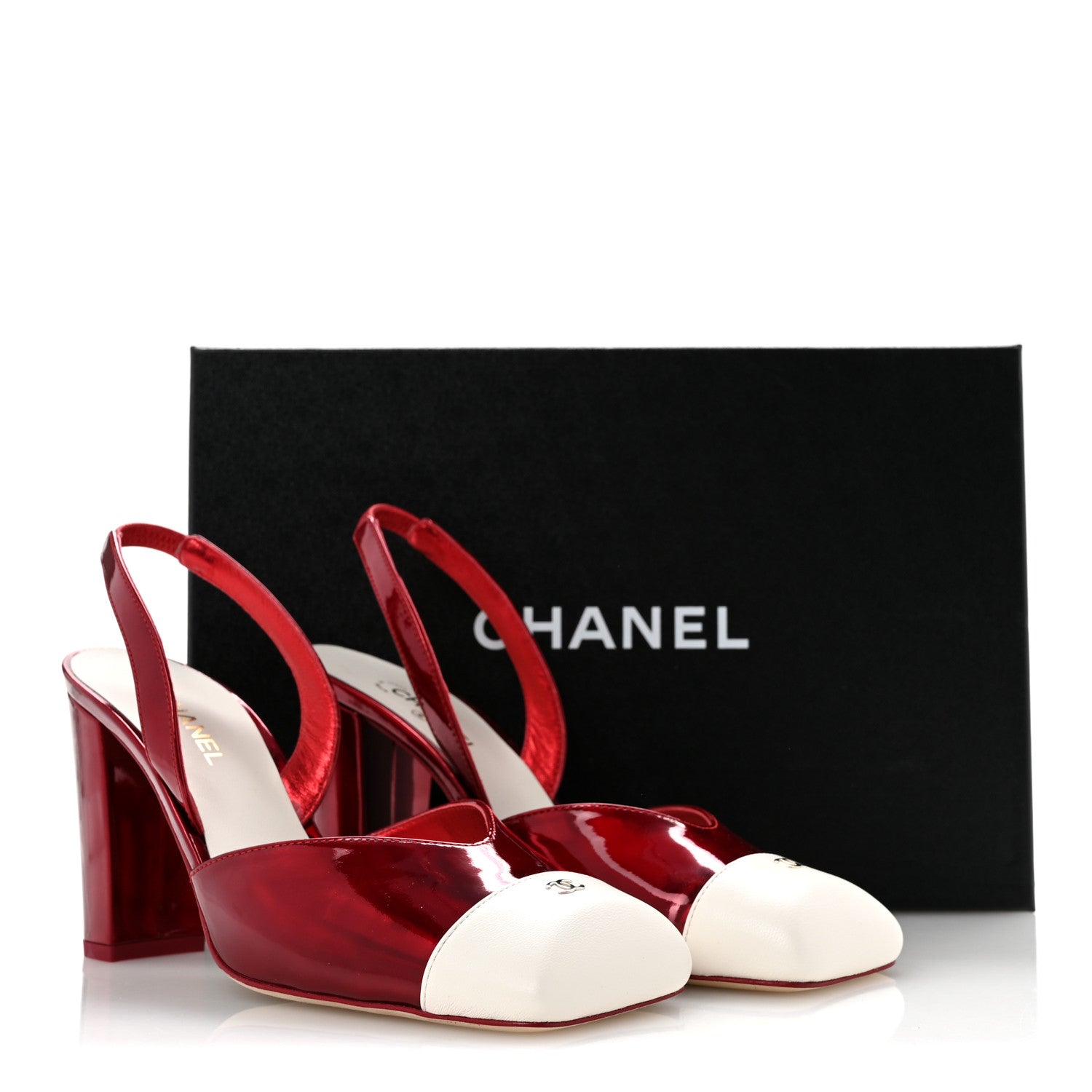 Chanel Lambskin Laminated Calfskin Cap Toe CC Slingback Pumps 37.5 Red Ivory 10 of 10